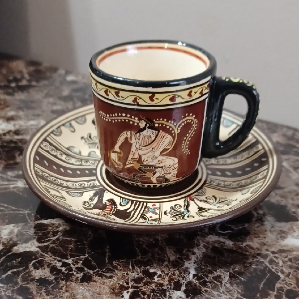 D. Vassilopou Pottery Dionysos & Kantharos Demitasse Tea Cup and Saucer